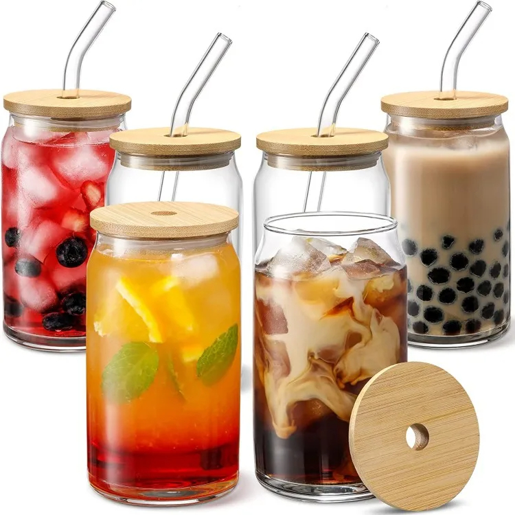Juvenixs 16 oz Glass Cups Set with Bamboo Lids and Straws β 4 Pcs Reusable Tumbler for Iced Coffee, Tea, and Smoothies Bottles