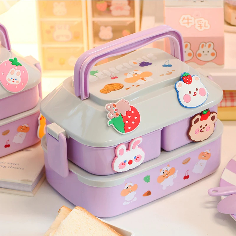 Juvenixs Portable Kawaii Lunch Box for Kids - Square Stylish Washable Container with Handle, Spoon & Fork, BPA-Free, Microwavable, Leak-Proof, Freshness Preservation - Image 5