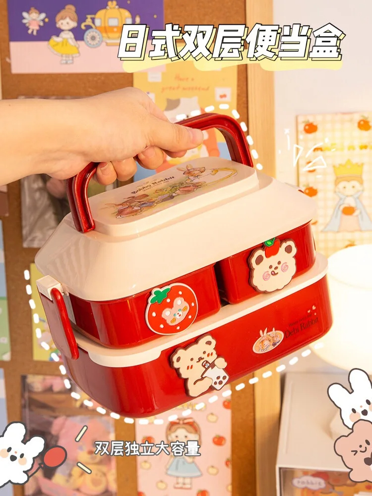 Juvenixs Portable Kawaii Lunch Box for Kids - Square Stylish Washable Container with Handle, Spoon & Fork, BPA-Free, Microwavable, Leak-Proof, Freshness Preservation - Image 3